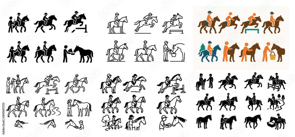 Obraz premium Equestrian icons: riding, jumping, horse care illustrations