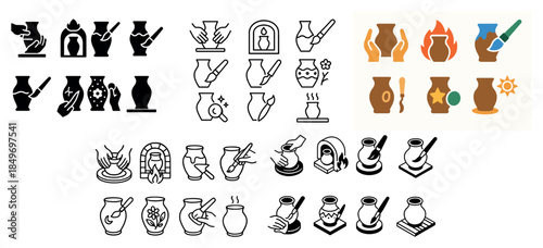 Pottery icon set: crafting, painting, and firing