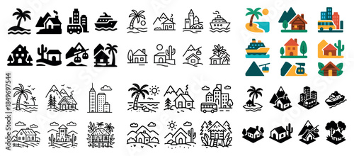 Assorted travel icons set with landscapes and transport