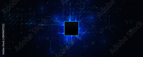 Microprocessor Semiconductor AI Chip Digital Technology Abstract AI Data Background. Microchip Processor Motherboard Glow Blue Digital Signal. Artificial Intelligence Server. Vector Illustration