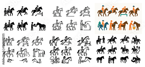 Equestrian icons: riding, jumping, horse care illustrations
