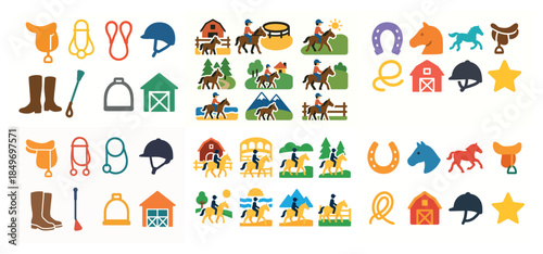 Equestrian icons set with horses and gear