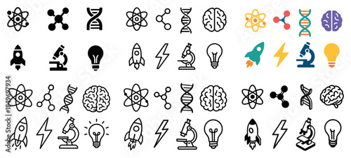 Science and technology icons: dna, brain, lightbulb