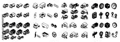 Isometric vehicle and location icon set in black and white