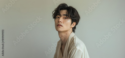 Handsome Young Asian Man with Stylish Hair in Beige Outfit against Neutral Background