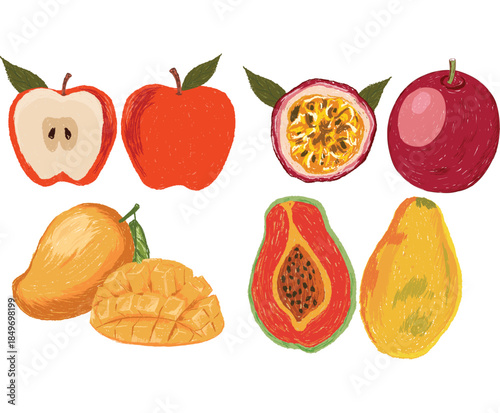 Tropical fruit set. Fruit artwork for for t shirt and poster. Fresh apple, mango, dragon and Pomegranate fruit artwork.	