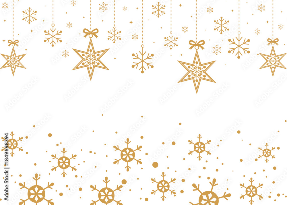 Fototapeta premium Elegant gold Christmas background with hanging snowflakes, stars and ornaments on white, minimalist festive border design ideal for holiday greeting cards, invitations, banners and seasonal winter pro