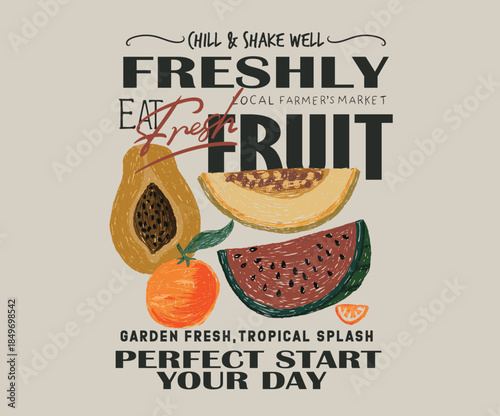 Melon, banana, watermelon, papaya and orange wall art. Mix fruit bowl design. Fruit abstract art design for t-shirt, poster, sticker and others.