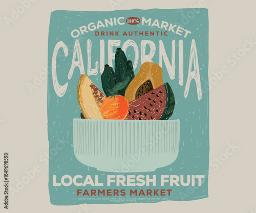 California fruit market design. Fruit stall artwork. papaya,  lemon,  watermelon, banana,  artwork. Many fruit in basket. Modern art design. Grocery item.