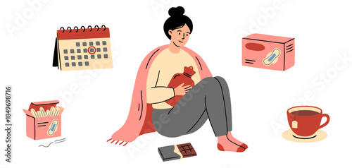 Woman experiencing menstrual period discomfort while resting with heating pad, sanitary products, calendar and tea for pain relief concept. flat vector illustration