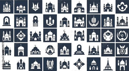 Set of Green Islamic Line Art Icons Featuring Mosque Architecture and Crescent Moon for Ramadan Decorations