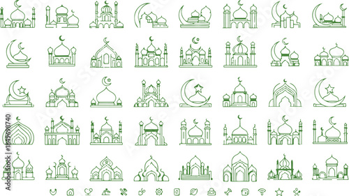 Big Set of Islamic Mosque Icons and Crescent Moon Line Art Symbols for Ramadan Kareem and Eid Mubarak Decorations