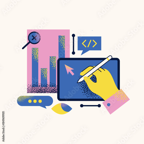 Modern Digital Creative Workspace Vector Illustration Hands Drawing on Tablet with Stylus, Coding Script Icon, Data Analysis Bar Charts, and UI UX Design Elements in Flat Grainy Style