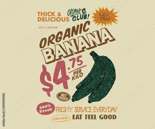 Fresh service everyday. Banana love club. Nature fruit club print design. Organic food artwork for for t shirt and poster.