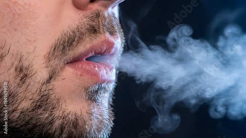 Man Exhaling Smoke from Mouth Closeup.