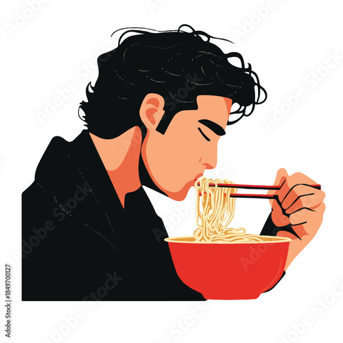 Man enjoying noodles from a takeout box with chopsticks