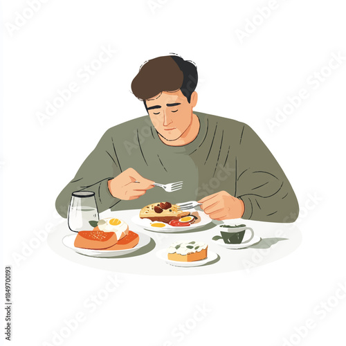 Man enjoying a delicious breakfast with pancakes and coffee