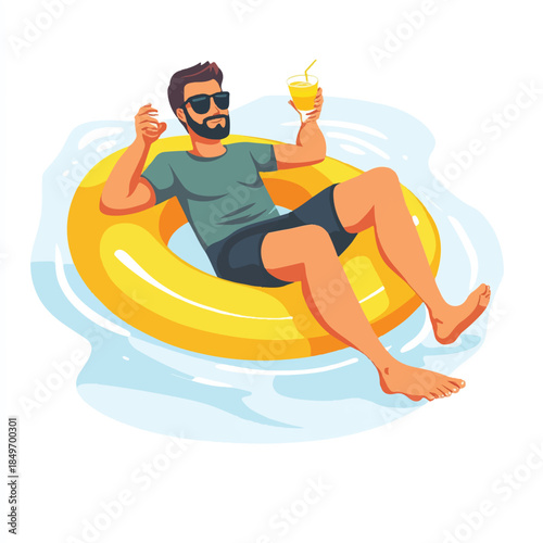  Man enjoying summer vacation floating on a yellow inflatable ring in the water.