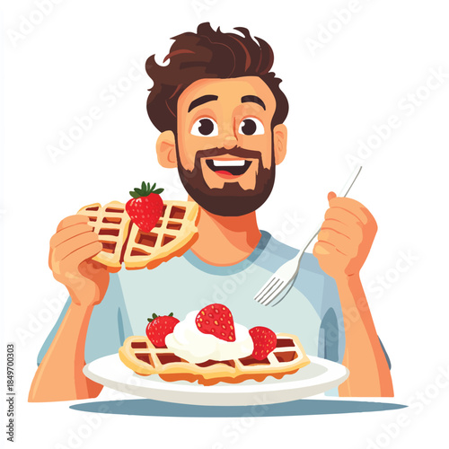 Man Enjoying Waffles with Strawberries