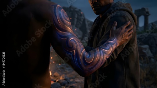 Man with colorful arm tattoo outdoors.