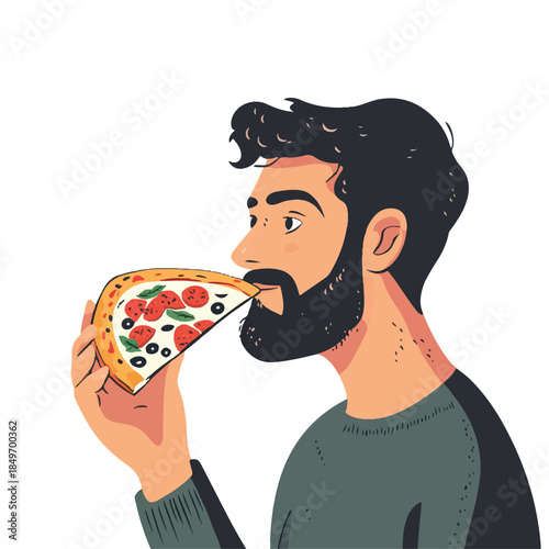 Man enjoys delicious pizza slice with fresh toppings and cheese