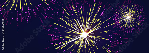Vibrant abstract fireworks explosion with glowing light trails on a dark blue night background. Dynamic festive illustration ideal for New Year celebrations, holiday backgrounds