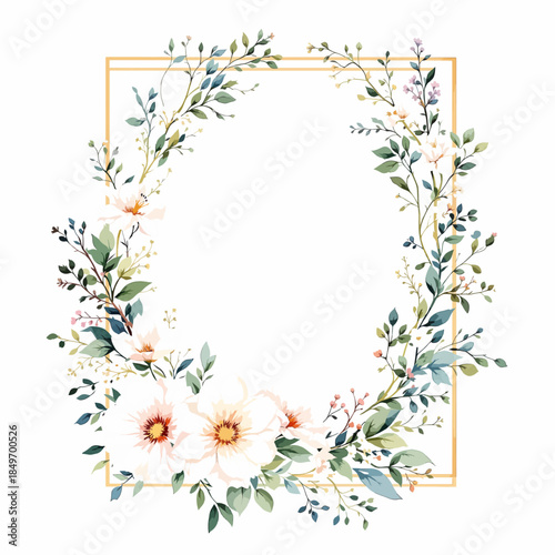 Romantic botanical border featuring soft spring flowers and airy greenery in refined watercolor style