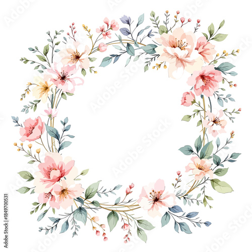 Romantic botanical border featuring soft spring flowers and airy greenery in refined watercolor style