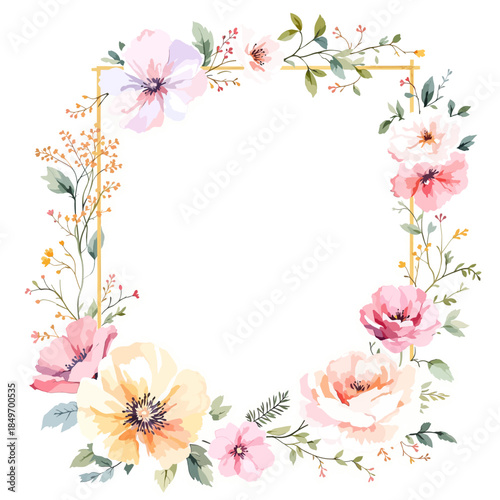 Elegant watercolor floral frame with pastel pink and peach blossoms arranged around a delicate golden square border