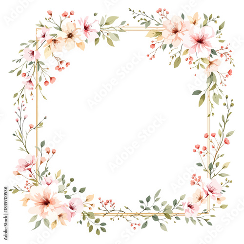 Hand-painted botanical frame combining romantic flowers and subtle greenery in balanced composition