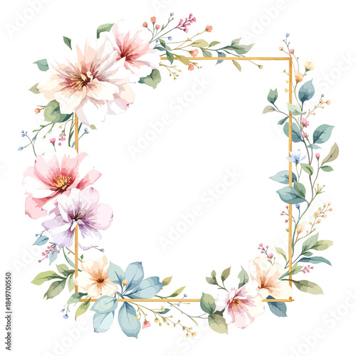 Garden inspired pastel blooms arranged around a refined square outline on white background
