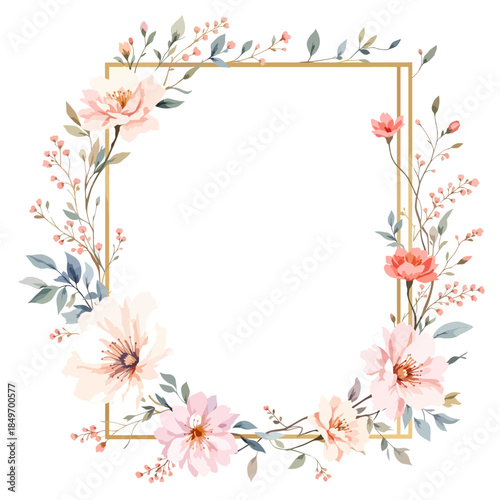 Charming watercolor flower arrangement creating a square border perfect for wedding invitations