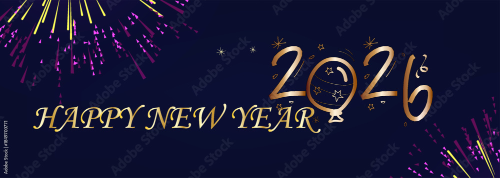 Obraz premium Luxury Happy New Year 2026 celebration banner featuring golden typography and colorful fireworks on a dark blue night background. Elegant festive design perfect for holiday 