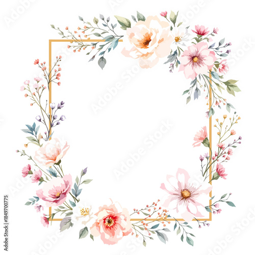 A romantic pink floral frame design featuring spring blossom flowers and green leaf elements on a decorative nature border vector illustration for a summer card background