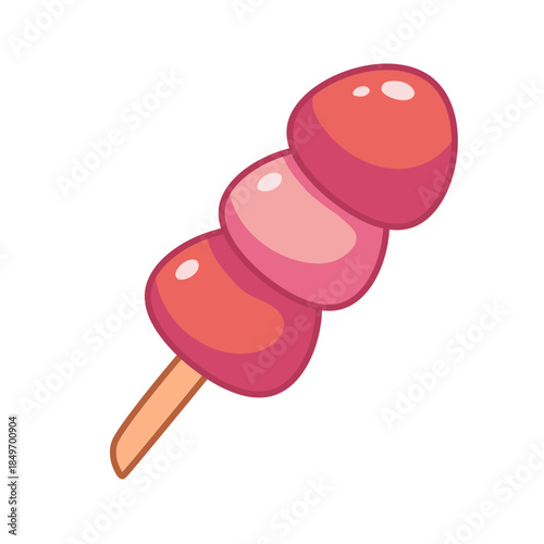 Cute strawberry dango illustration. Kawaii art, vector icon or sticker. Strawberry asian dessert on white background