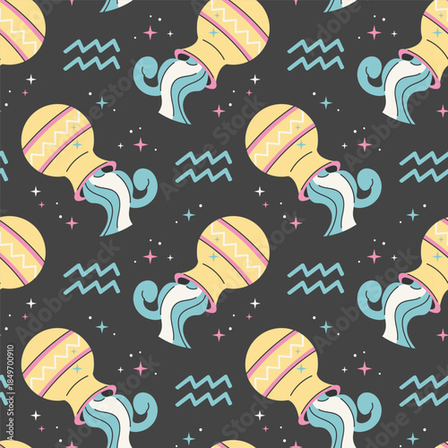 Seamless star pattern with Aquarius zodiac sign. Jug pouring water and constellation on black background. Repeat printable tile