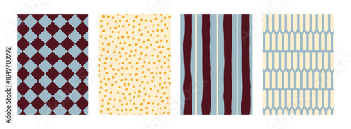 Set of 4 Backgrounds Harlequin Diamonds, Hand-Drawn Polka Dots, Organic Vertical Stripes, and Geometric Picket Grids in Burgundy, Dusty Blue, Gold, and Cream for Design
