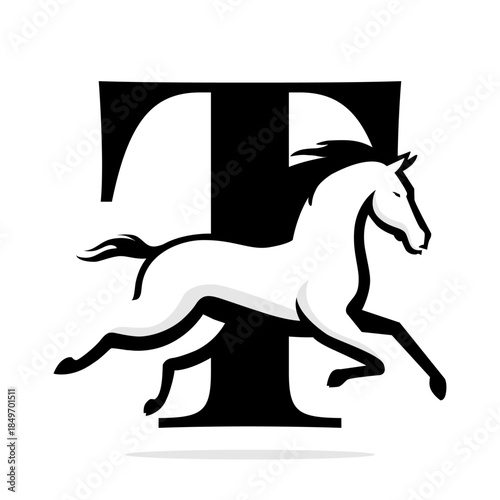 Horse Logo with Letter T Monochrome Black Transparent Vector Design Concept