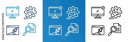 Web Development and Performance Optimization Vector Icon Set A Detailed Collection Featuring Monitor with Checkmark, Coding Gear with Refresh Arrows, Browser Window with Launching Rocket, and
