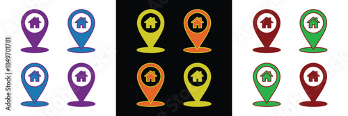 Colorful vector collection of 12 map pointer icons, each with a house symbol. Features solid and outline styles in purple, blue, yellow, orange, red, green. Displayed on contrasting white and black