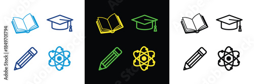 Versatile vector set of essential education and science line icons an open book, academic graduation cap, school pencil, and a detailed atom model. Rendered in multiple vibrant color palettes