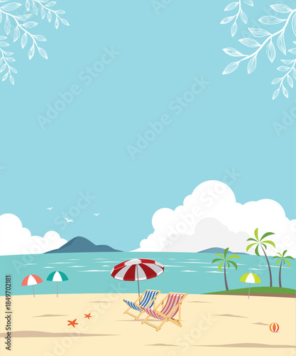 The sea in summer is filled with sandy beach chairs and colorful sun umbrellas.