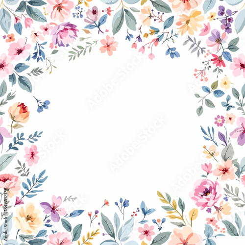 Colorful floral frame illustration featuring pink summer flowers and butterflies in a vector design pattern for a nature themed birthday card border