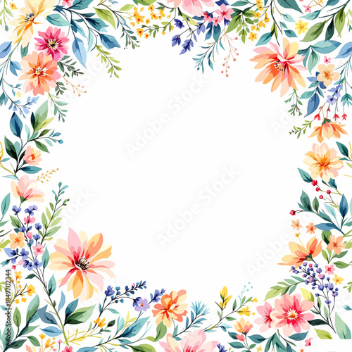 A colorful floral frame made of flowers and leaves creating a decorative border for cards and designs