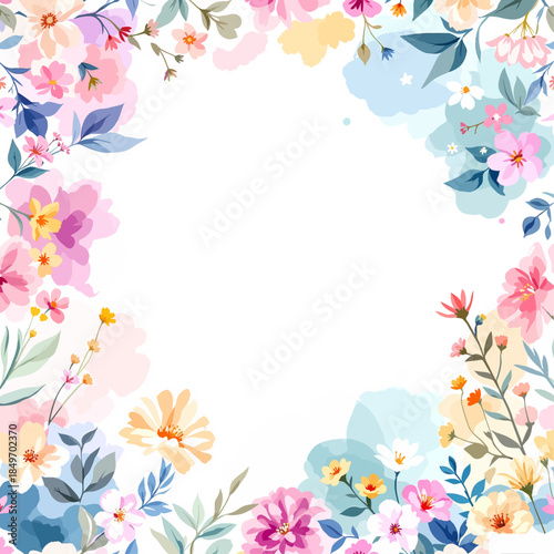 A vibrant floral frame with pink daisies and summer butterflies creates a decorative nature border in this spring vector illustration design for a birthday card