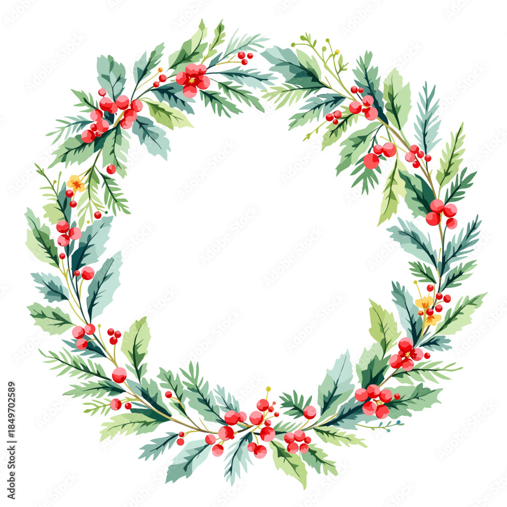 Fototapeta premium Holiday botanical wreath featuring evergreen foliage and bright red berries in delicate watercolor style