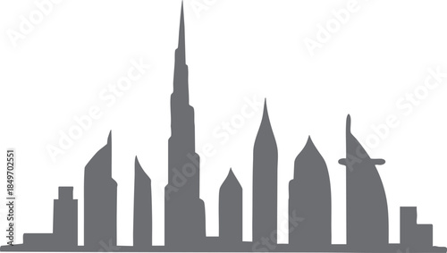 Dubai skyline silhouette featuring Burj Khalifa and Burj Al Arab, ideal for architecture, travel, and cityscape themes