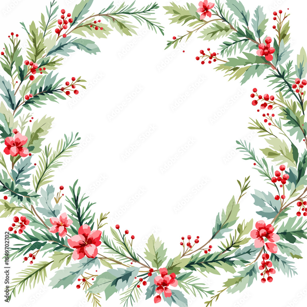 Fototapeta premium Vector illustration of a round Christmas wreath with floral leaves