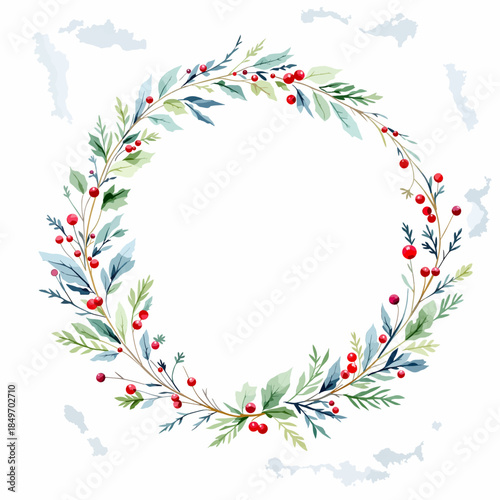 A festive Christmas wreath with green leaves and red holly berries on a white background