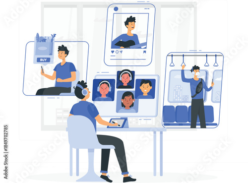 People using devices and conferencing in blue and white conference remote work computer